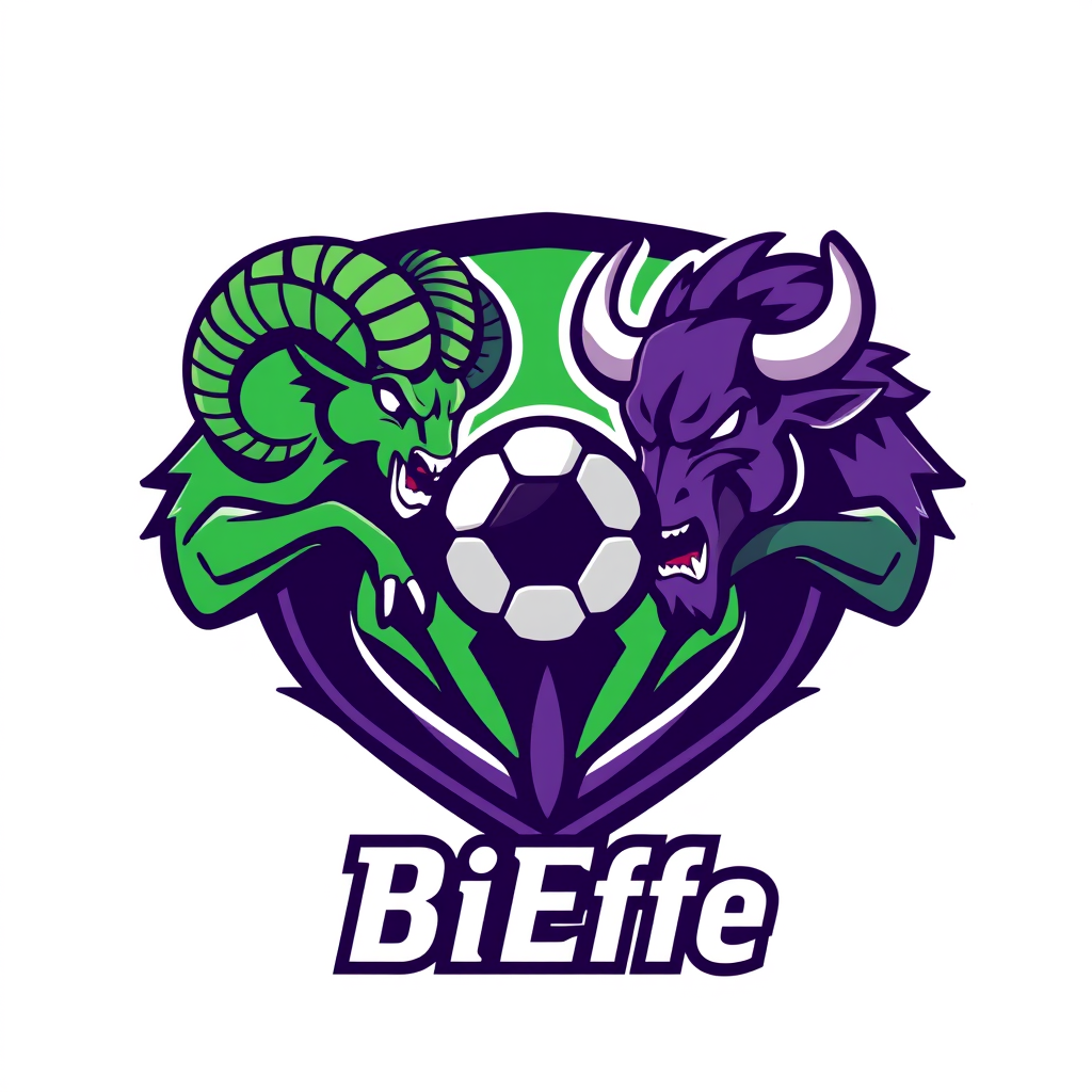 Main logo studio: Create a bold professional fantasy football logo for a team called “BiEffe”. Use green and purple as the main colors. Show an aggressive ram and a pow