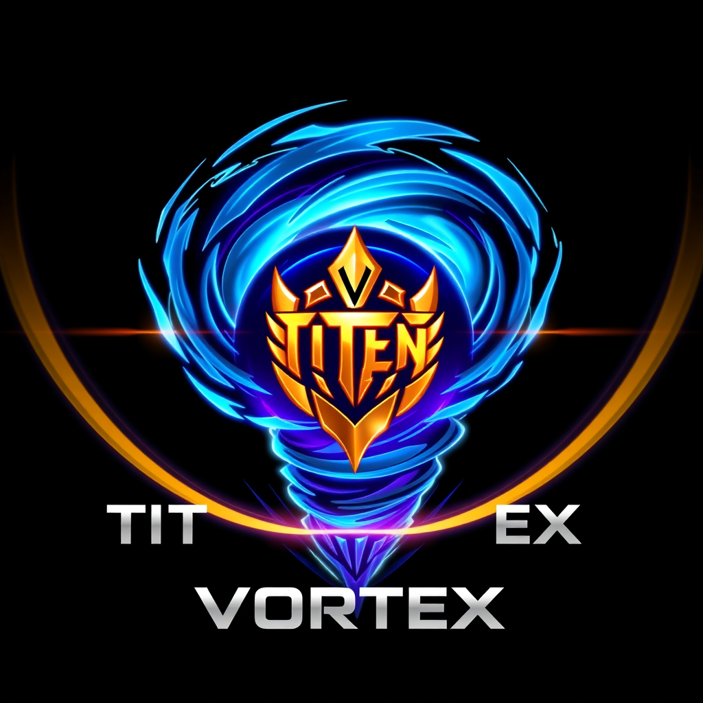 Main logo studio: Create a luxury legendary esports logo for “TITEN VORTEX”. Place the original warrior emblem perfectly at the center of a massive futuristic tornado v