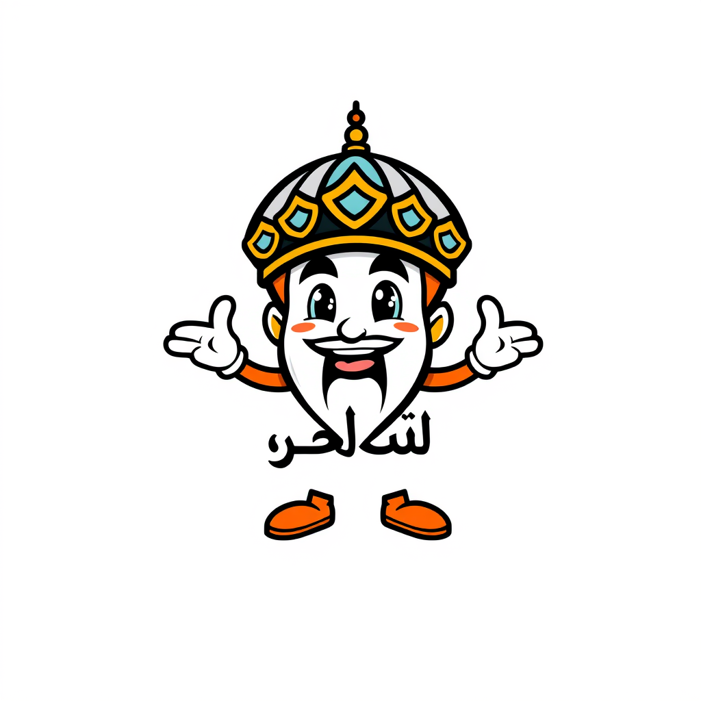 Mascot Logo idea: mascot logo of Asj - Islam Crescent + Arabic Calligraphy , friendly character illustration, bold outlines, expressive mascot design, flat vector logo,