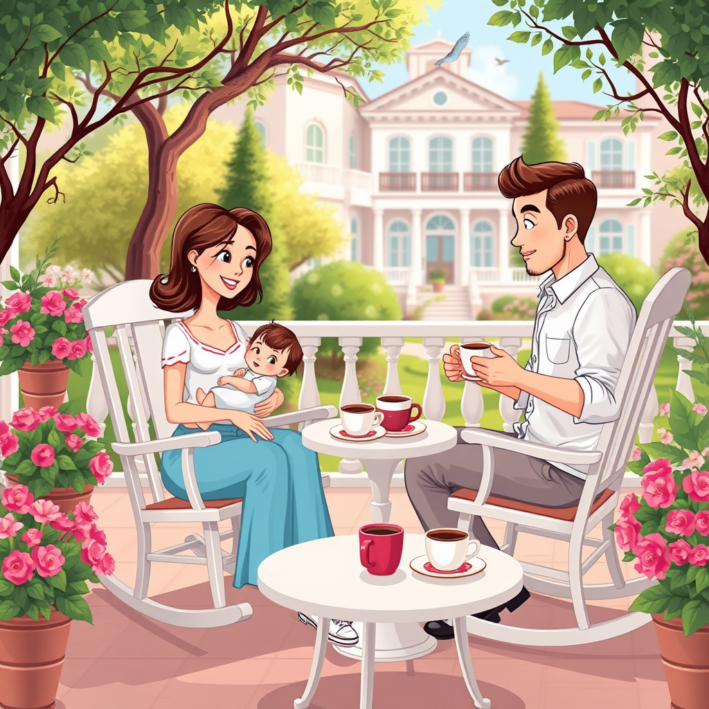 Main logo studio: create a cartoon of a mother sitting in a outdoor rocking chair holding her beautiful baby girl. The scene is there is a outdoor chair in the terrace 