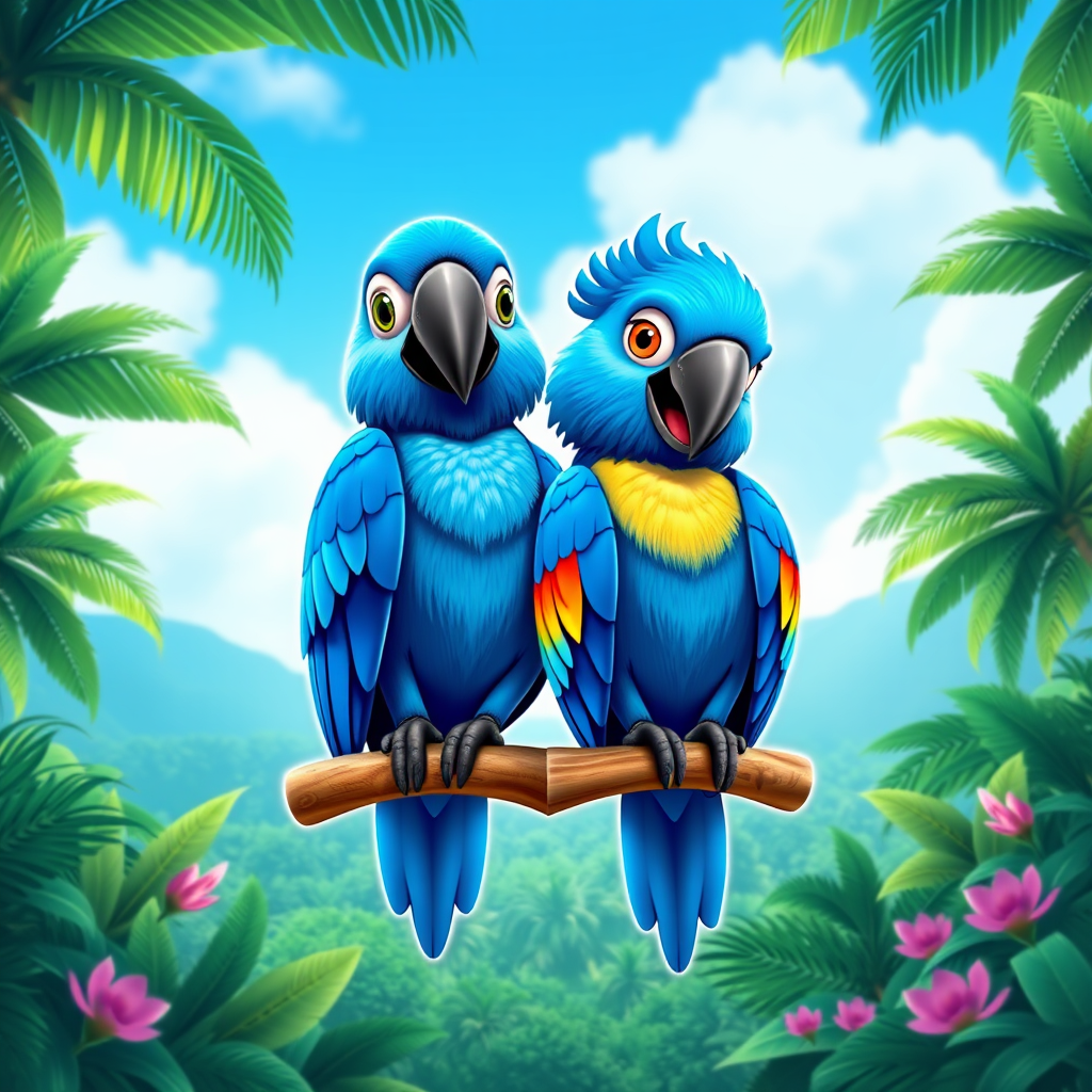 Main logo studio: Create a square app logo featuring TWO BLUE MACAW PARROTS. Blu is on the LEFT and Jewel is on the RIGHT. Both are blue macaws with colorful feathers a