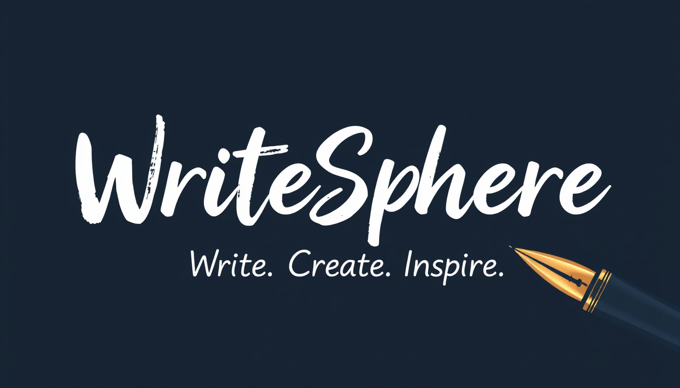 Main logo studio: Professional YouTube banner for “WriteSphere”. Show the exact text “WriteSphere” prominently in the center, with the exact tagline “Write. Create. Ins