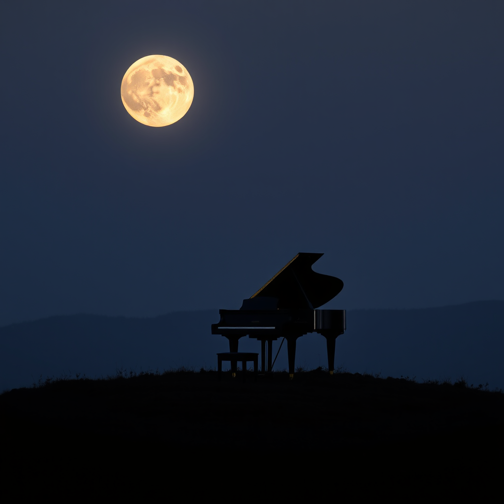 Main logo studio: Une lune ronde avec un piano marquer au milieu Nesmé