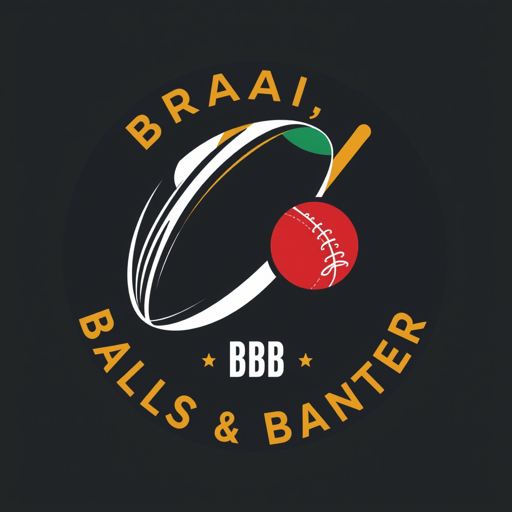 Main logo studio: Create a bold, memorable circular logo for a South African sports and humour brand called "Braai, Balls & Banter". The design should combine a rugby b