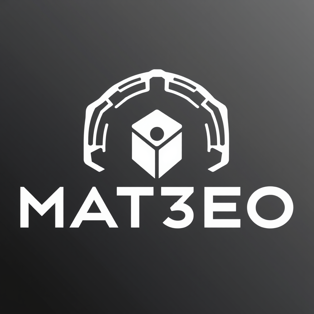 Main logo studio: Modern 3D printing brand, MAT3O, minimalist technological logo, black and white, bold geometric typography, subtle 3D printer nozzle and filament laye