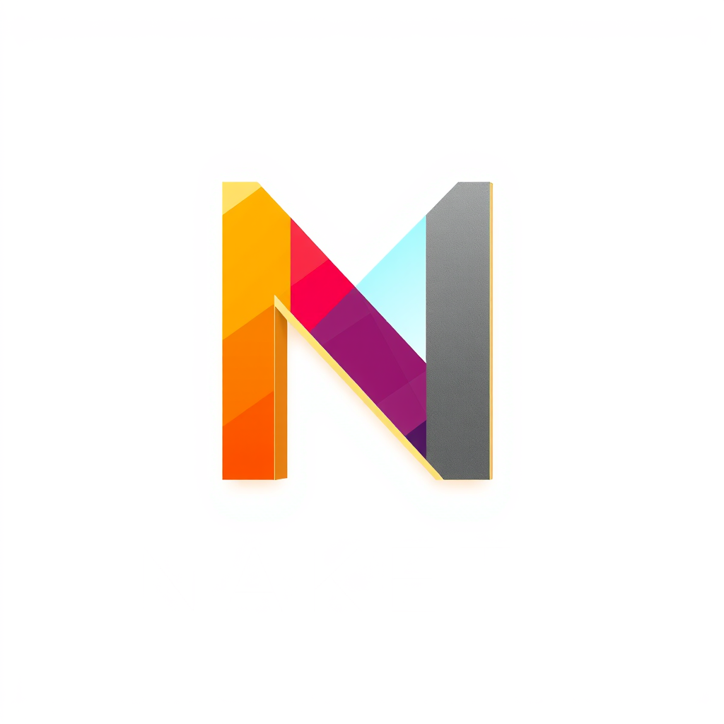 Main logo studio: A minimalist vector logo for sign manufacturing company "NAKETI". The logo features 3D geometric overlapping layers of colorful translucent acrylic an