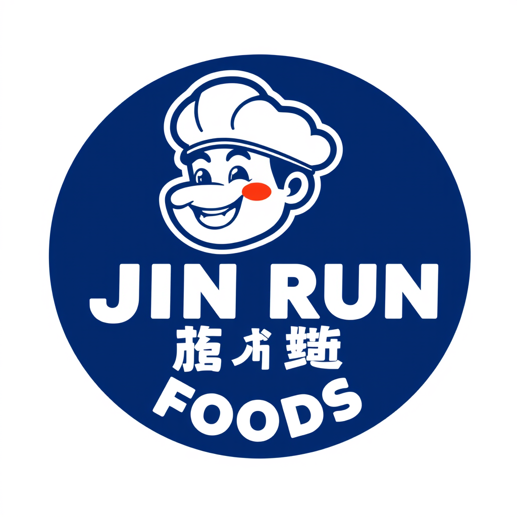 Mascot Logo idea: mascot logo of 金润 JIN RUN FOODS 金润 must in the logo round logo logo background navy blue human profile in the logo food shop , friendly character illu