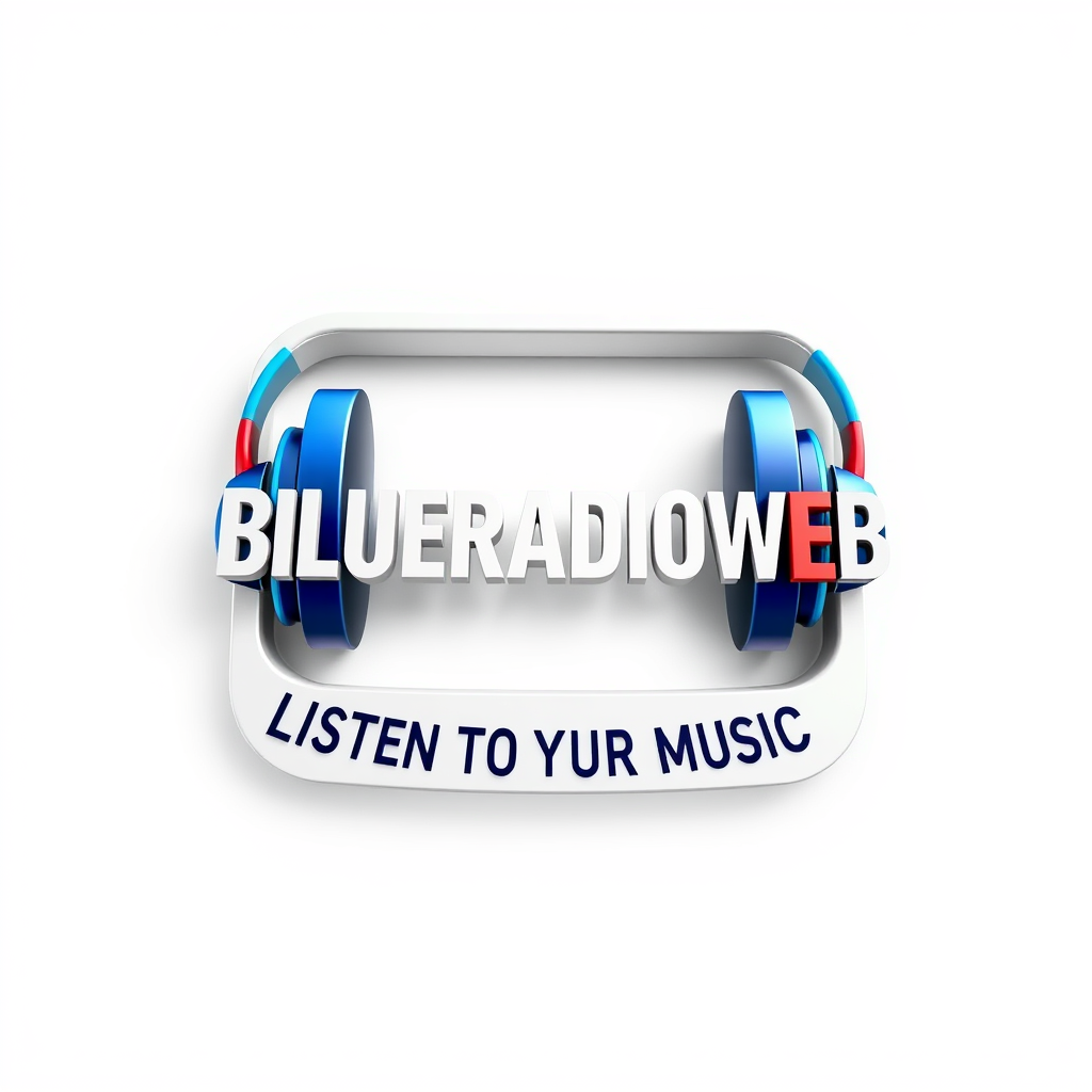 3D Logo idea: 3D logo for BLUERADIOWEB LISTEN TO YOUR MUSIC en blanc dans un rectangle aux bouts arrondis bleu et rouge , three-dimensional render, realistic depth