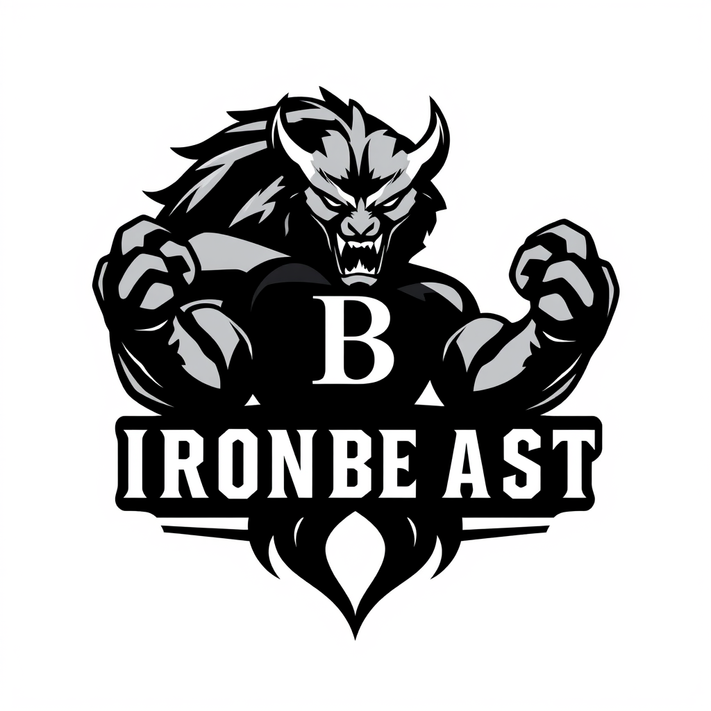 Main logo studio: elegant monogram logo combining letters I and B, WHITE , luxury brand “Create a logo for my gym named IRON BEAST. Put a BEST IMAGE FORM YOUR SIDE in t