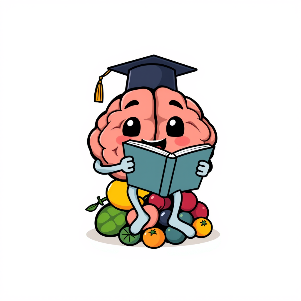 Cartoon Logo idea: cartoon style logo for a cute brain with arms and legs, wearing a graduation cap and reading a book, sitting on a pile of various fruits , fun cartoon
