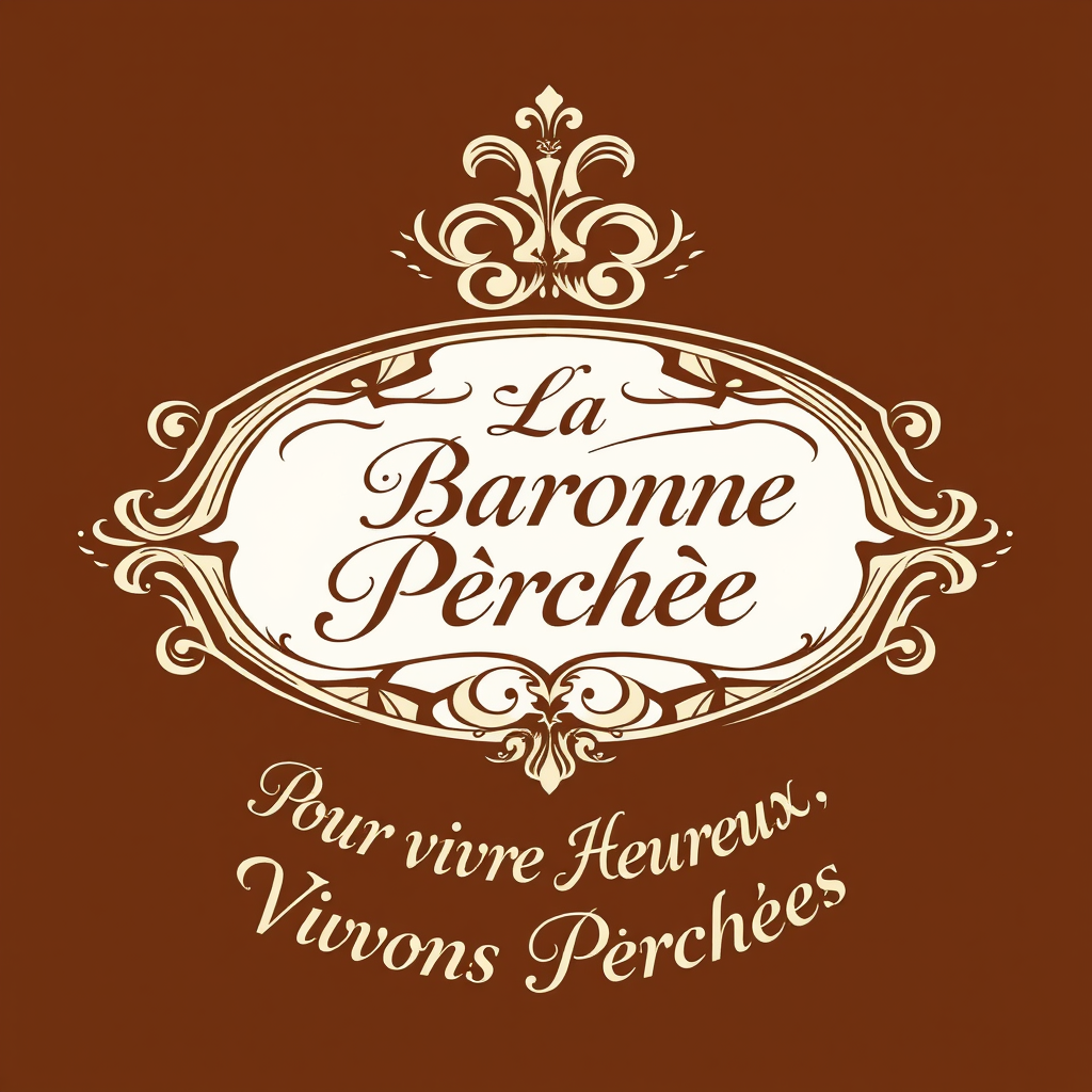 Main logo studio: Crée un logo élégant. Bicolore crème et brun . Un cadre ovale doré rococo avec des ombres. Écris au centre : La Baronne Perchée. écriture manuscrite c
