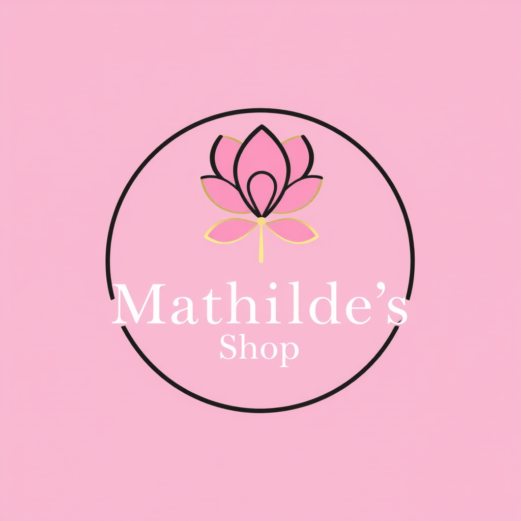 Main logo studio: Elegant jewelry shop logo, one-line flower inside a circle, pink, black and gold, cute and luxurious. Text: “Mathilde’s Shop” the tekst is undre and i