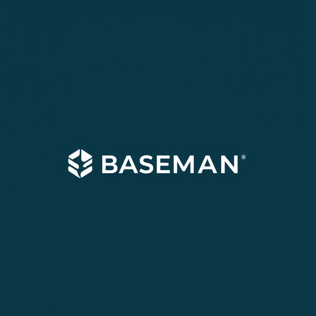 Main logo studio: Create a premium minimalist logo for BASEMAN, an AI-powered career and hiring SaaS. Use dark teal #134544 and white. Design a distinctive abstract geo