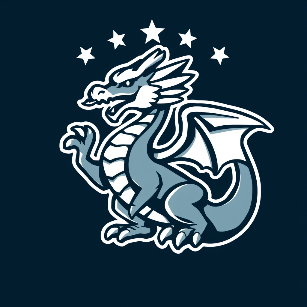 Main logo studio: Créer moi un logo sport avec un dragon comme mascotte, le logo sera doré et blanc, et en haut alignés et de la même couleurs et taille, 4 étoiles doré