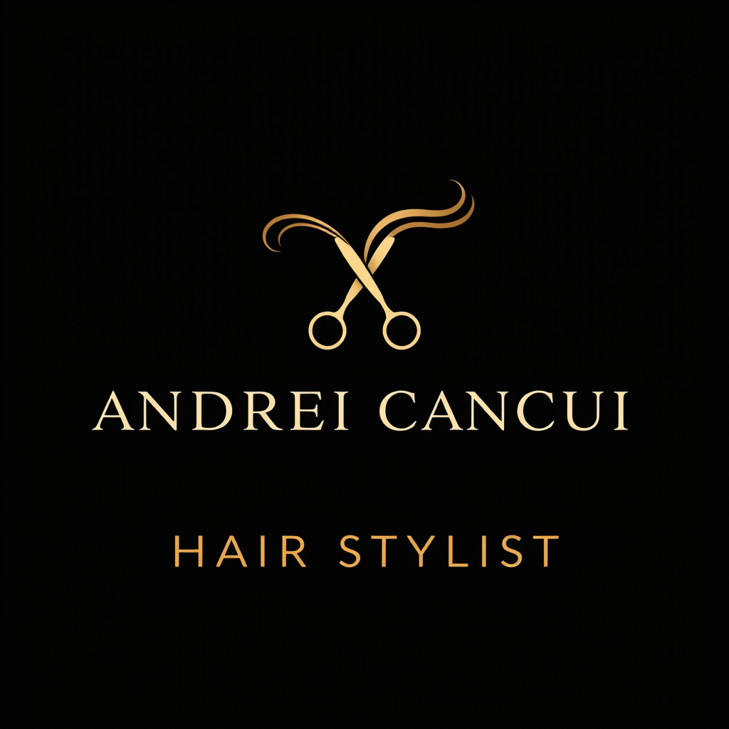Main logo studio: “ANDREI CANCIU HAIR STYLIST. Elegant minimalist logo for a male professional hair stylist. Use the initials AC combined with a subtle pair of scissors