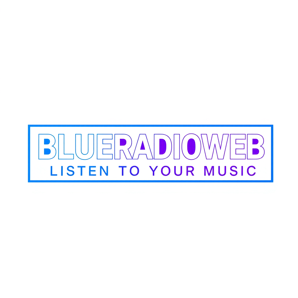 Wordmark Logo idea: wordmark logo of BLUERADIOWEB LISTEN TO YOUR MUSIC en blanc dans un rectangle bleu et violet , bold clean typography, flat vector logo, centered, soli