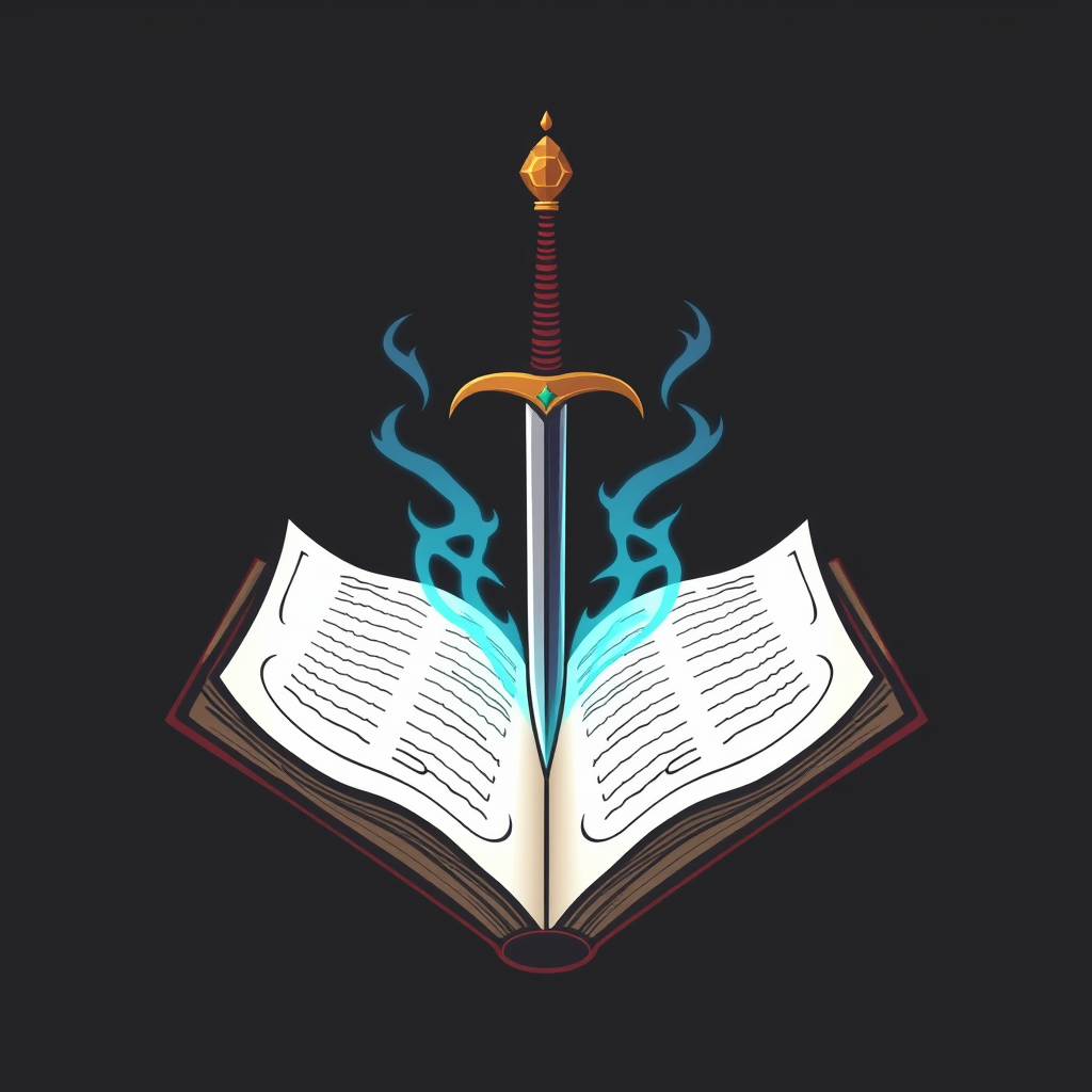 Main logo studio: An open book. Think of it like a "tome." Medieval aesthetics. Heraldics. Crossed sword/wand. The tome should have some sort of aura/magic emanating fr