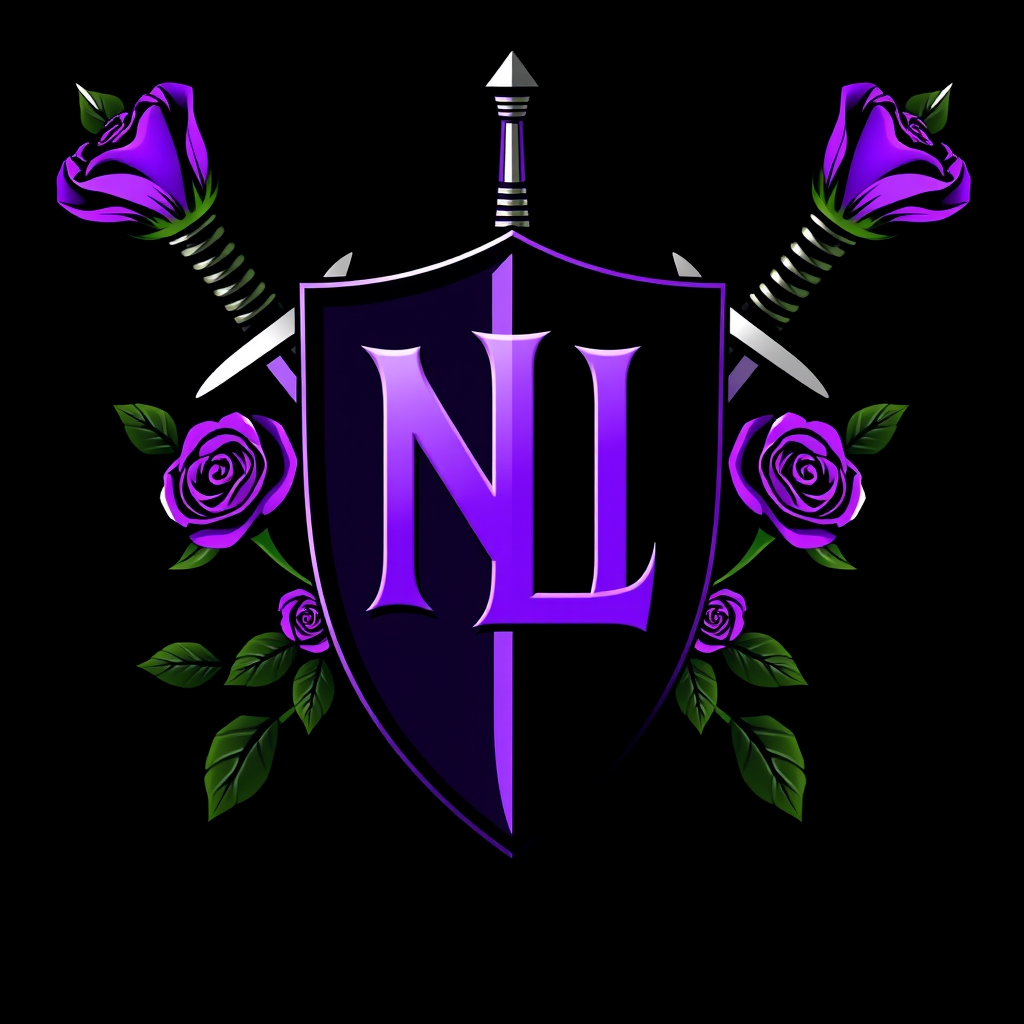 Main logo studio: I have a dj group named Nght-Lyfe and our main color is purple and black. I want to incorporate two swords maybe wrapped in the stems of rose bushes w