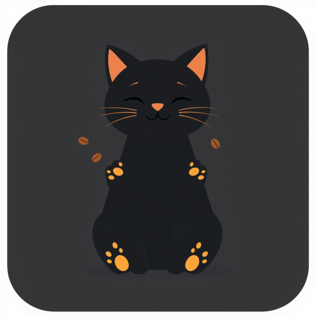 Main logo studio: Minimalist flat vector logo of a cute, natural-looking black cat sitting upright. Clearly recognizable cat anatomy, rounded head, triangular ears, vis