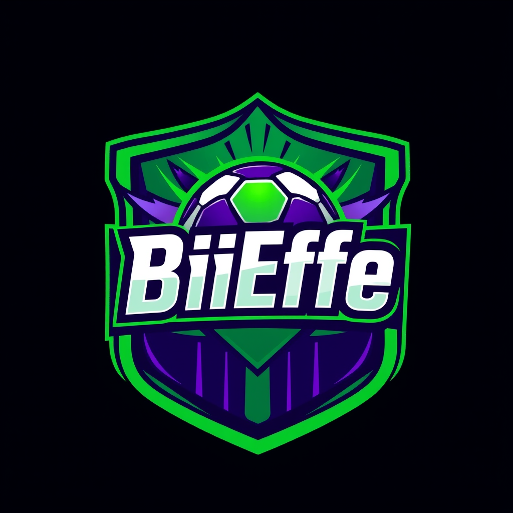 Main logo studio: Logo per squadra di fantacalcio "BiEffe". Stile competitivo e dominante, scudo sportivo verde e viola con dettagli metallici. Al centro un pallone da 