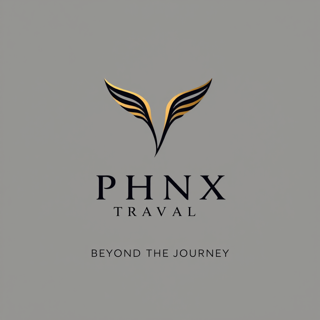 Main logo studio: Luxury minimalist logo for PHNX Travel. Create a sophisticated abstract symbol inspired by a single elegant wing, not a bird and not a literal phoenix