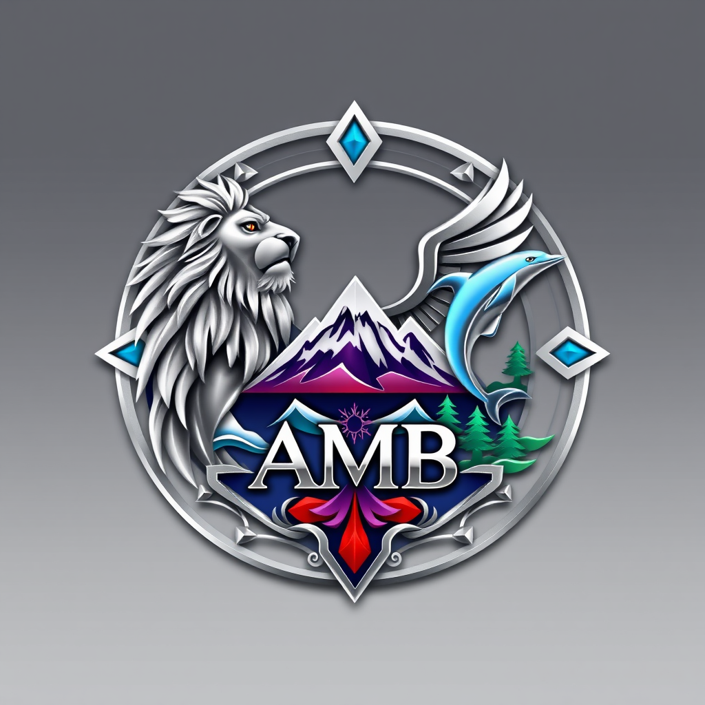 Main logo studio: Luxury futuristic emblem with only "AMB". Transparent background, no background, usable anywhere. Make all symbols highly realistic: majestic lion, ea