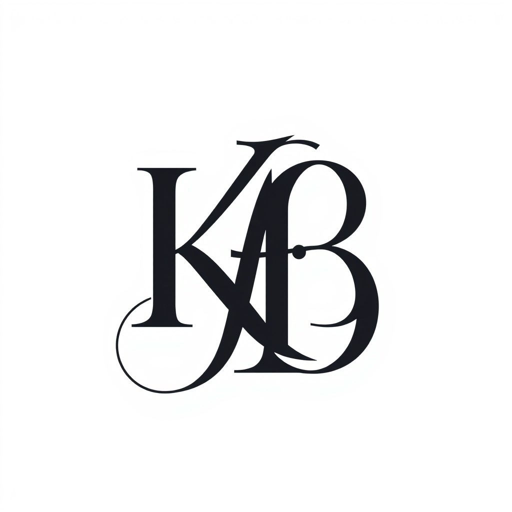Monogram Logo idea: monogram logo combining the letters K+B , elegant intertwined letterforms, flat vector logo, centered, solid white background, high contrast, luxury b