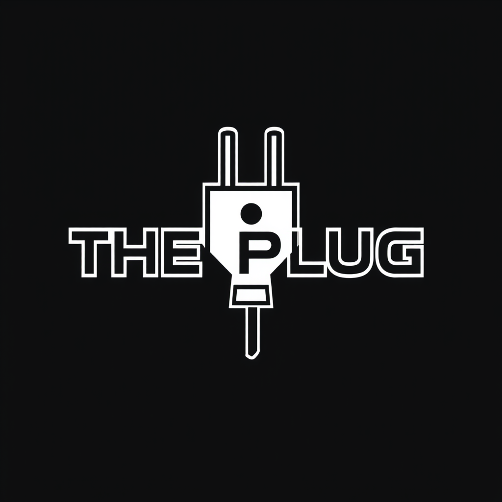 Main logo studio: Create a bold premium streetwear logo for “THE PLUG”. Design a unique iconic symbol combining a subtle plug with an abstract connection/link concept. 