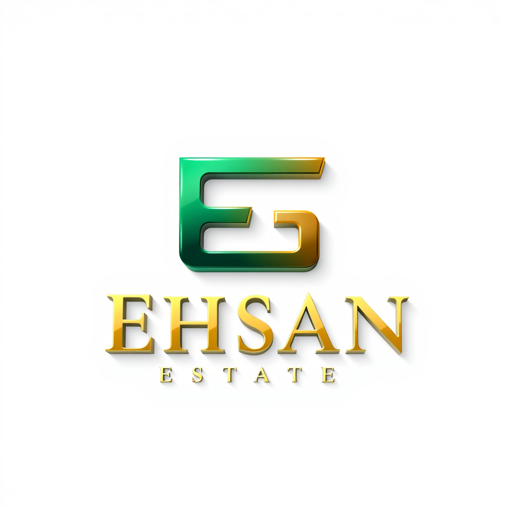 3D Logo idea: 3D logo for Ehsan Estate, Property developer, logo color emarald green mix with champagne gold, use 2 E to form a logo , three-dimensional render, rea