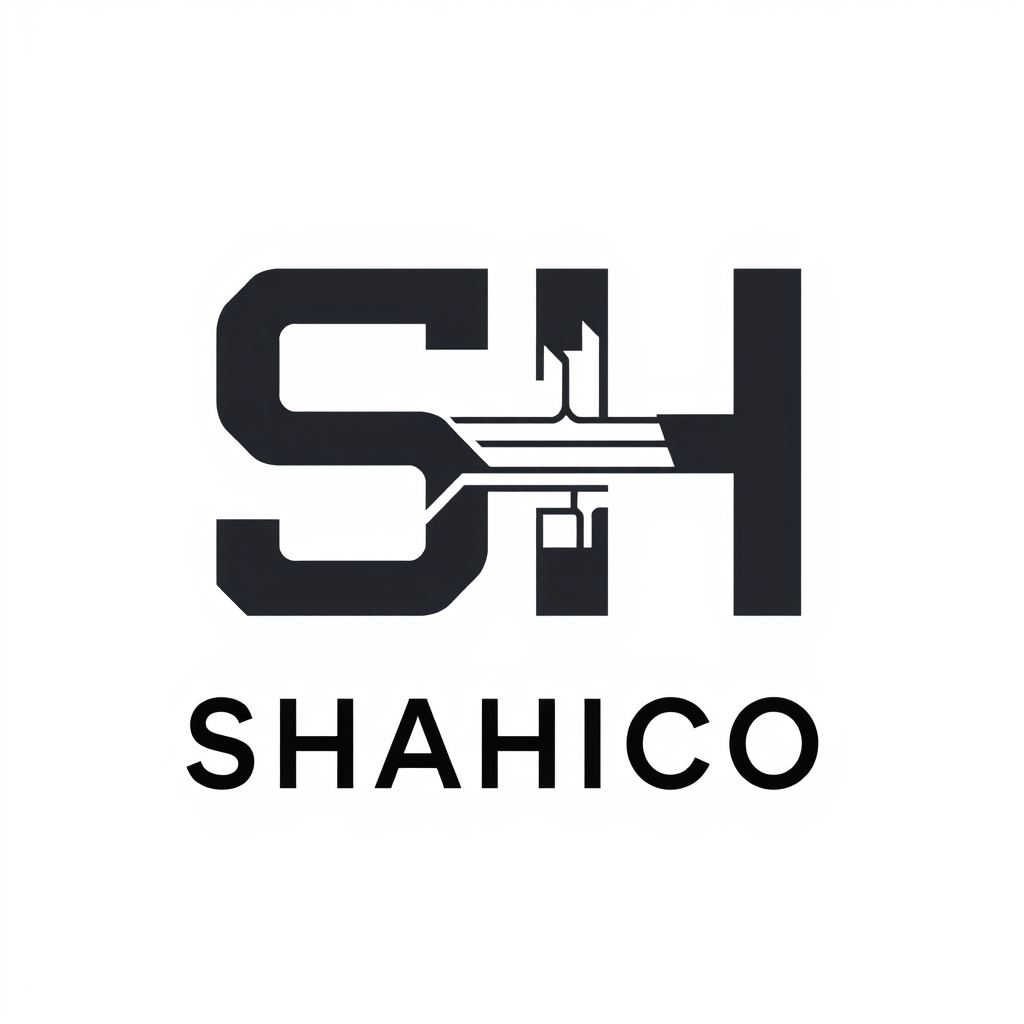 Main logo studio: Create a minimalist logo for "SHAHICO", an industrial electrical company. Transform the letters "SH" into a clean geometric electrical circuit, using