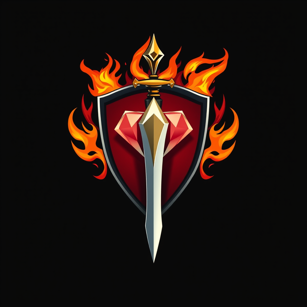 Main logo studio: Faz um logotipo de uma chave de diamante com dois dados pegando fogo ao lado e uma espada deitada embaixo e um escudo vermelho no fundo