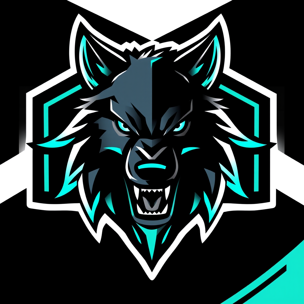 Main logo studio: bold esports team emblem logo, a roaring wolf head, black and neon teal YouTube channel