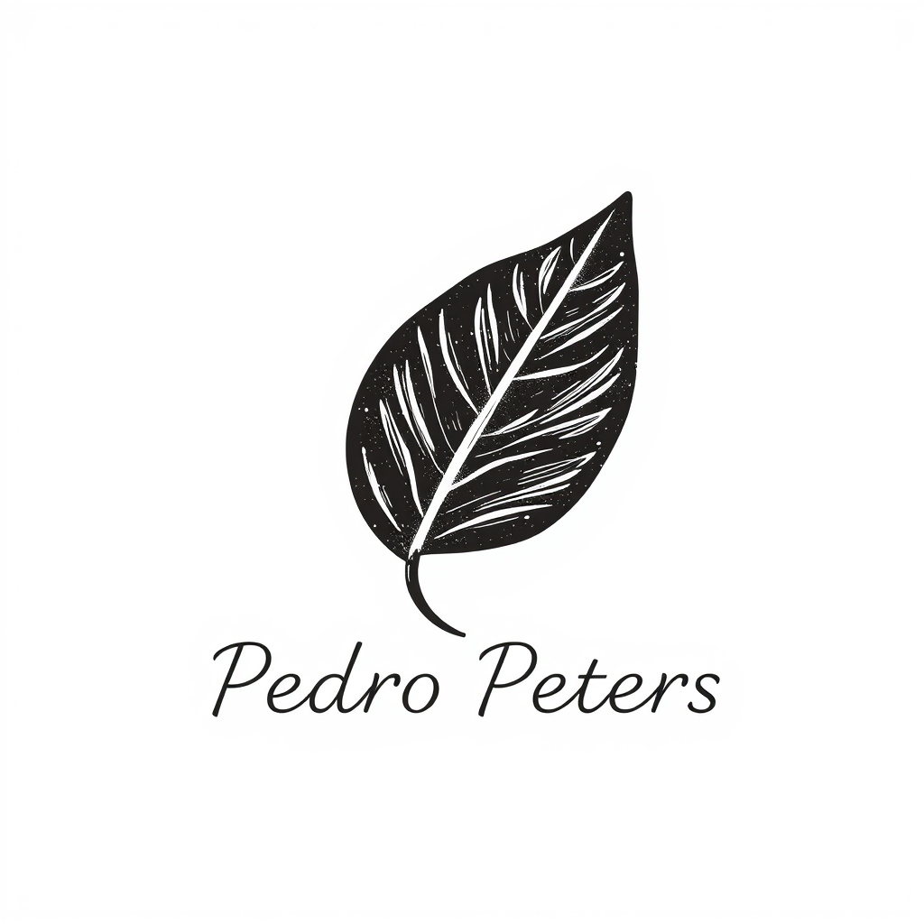 Main logo studio: Logo - Text saying - Pedro Peters - with black leaf sketch behind it