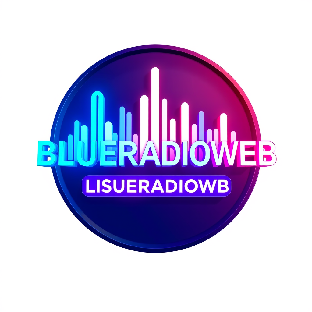 3D Logo idea: 3D logo for BLUERADIOWEB LISTEN TO YOUR MUSIC a music tech brand, 3D sound wave form, neon blue white red purple , three-dimensional render, realistic