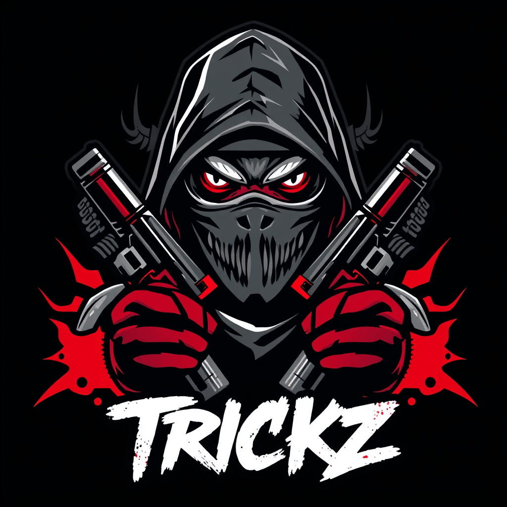 Main logo studio: “TRICKZ, Streetwear group logo, mysterious soldier or mobster with half mask, piercing eyes, toy guns and subtle elements of death or tryhard, crimson