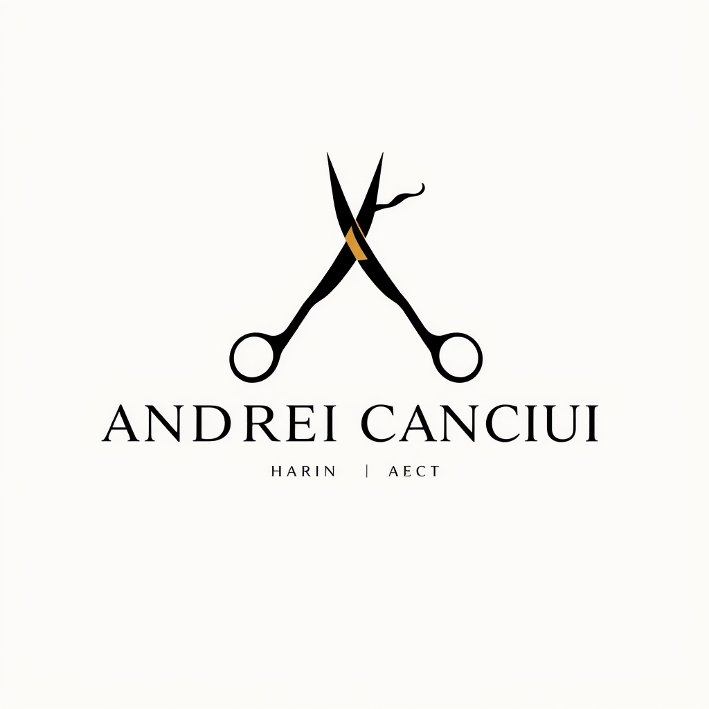 Main logo studio: “ANDREI CANCIU HAIR STYLIST. Elegant minimalist logo for a male professional hair stylist. Use the initials AC combined with a subtle pair of scissors