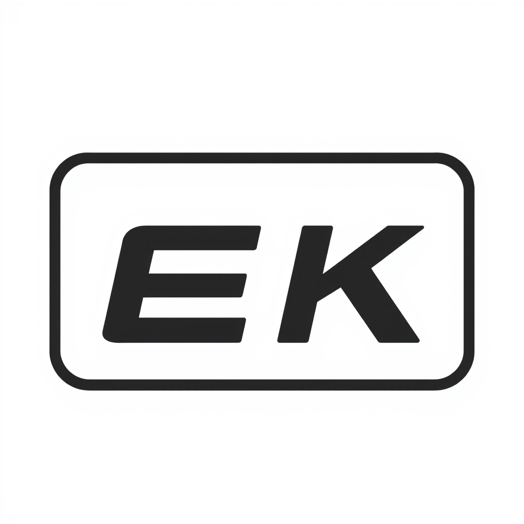 Badge Logo idea: badge logo for EK , bold badge design, text enclosed in a rounded rectangular or circular badge shape, thick border, clean typography, flat vector log