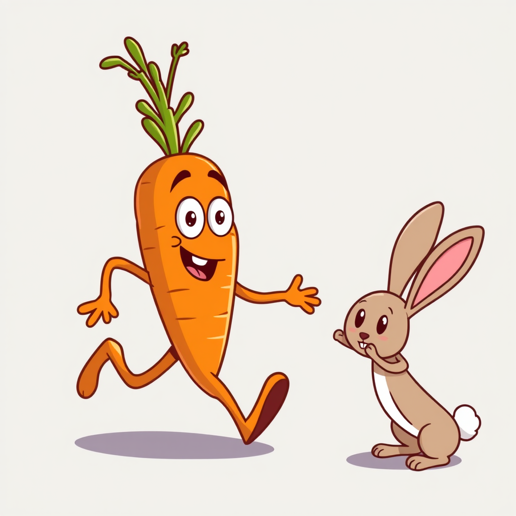 Main logo studio: Create a cartoon carrots with feet, hand, and face with cute eyes. The carrot is running chasing a rabbit
