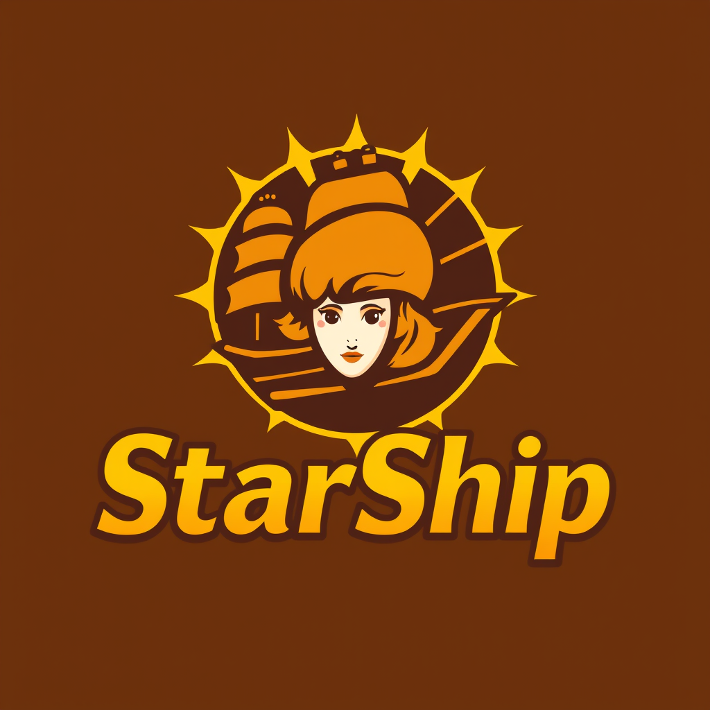 Main logo studio: Quiero un logo que sea tipo decoracion del nombre StarShip de color amarillo de todos los tonos y marron de todos los tonos, y por si acaso, que el lo