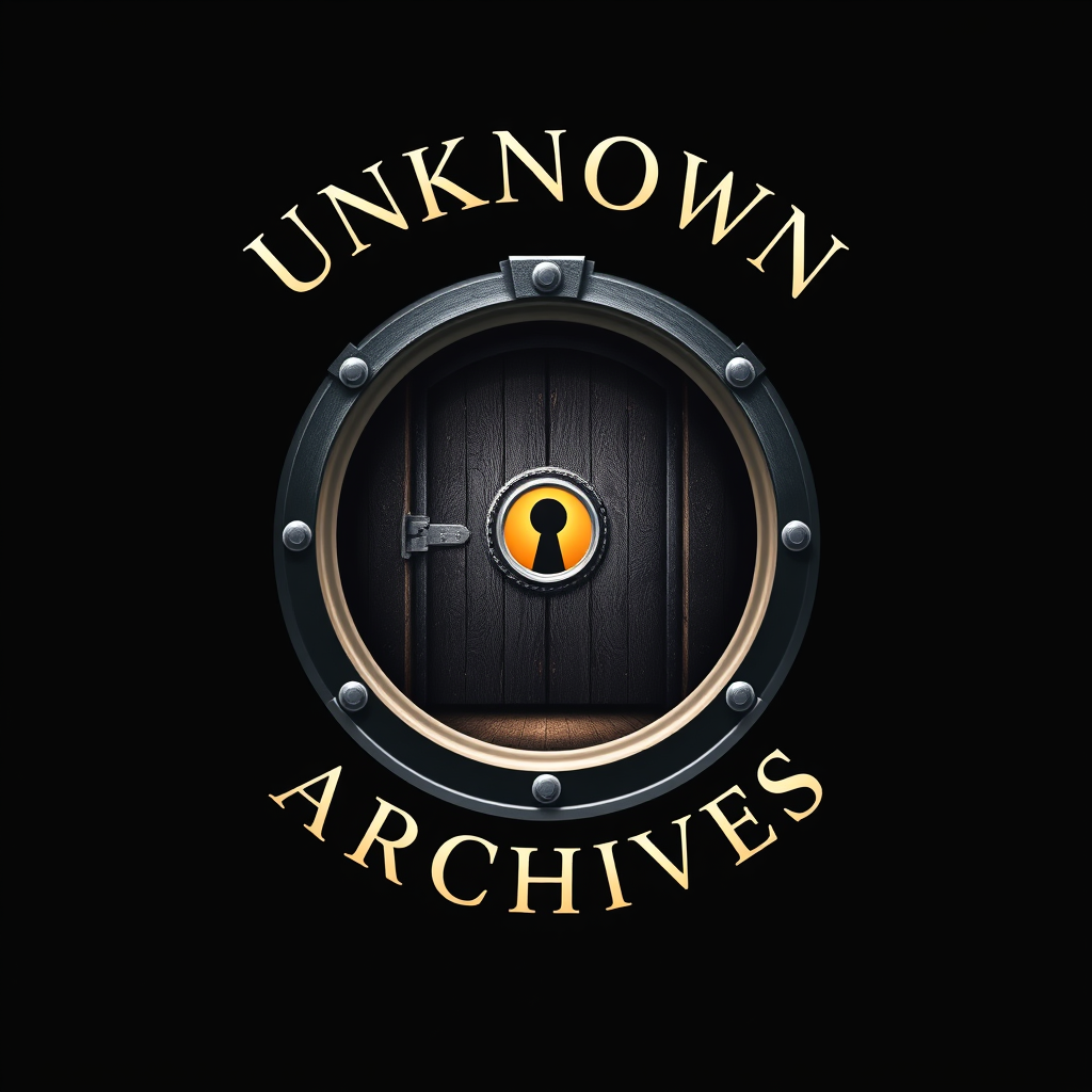 Main logo studio: Premium minimalist logo for “UNKNOWN ARCHIVES”. A mysterious ancient archive door with a glowing keyhole, centered inside a clean circular emblem. Dar