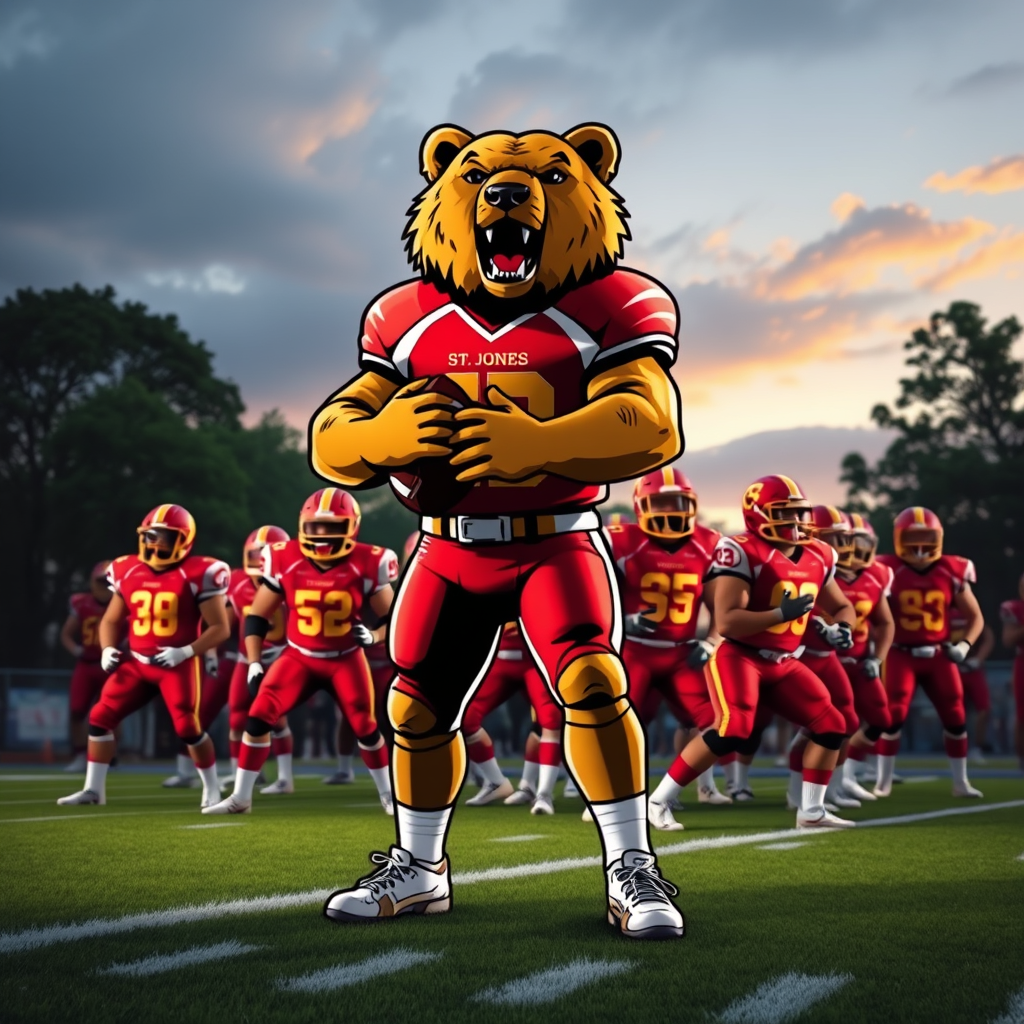 Main logo studio: St.Jones High School American Football Team and its Red and Gold and the Mascot is a bear