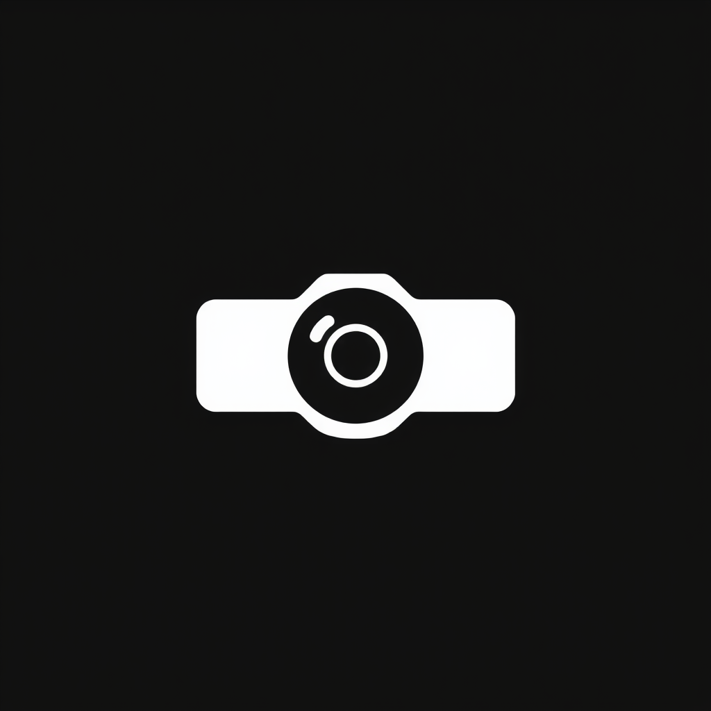 Minimalist Logo idea: minimalist logo, simple geometric mark for White camera lens icon, black background, white only. , flat vector, clean lines, centered, solid white bac