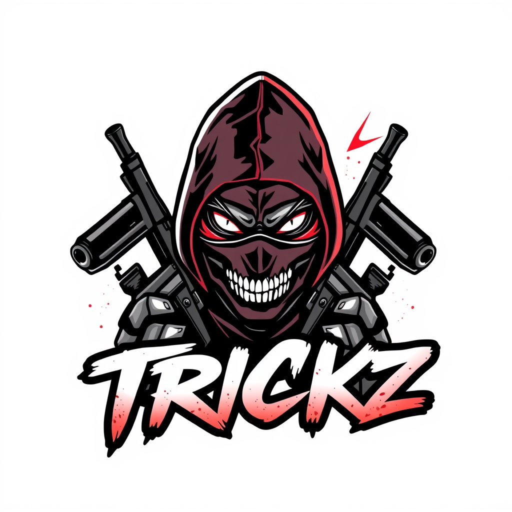Main logo studio: “TRICKZ, Streetwear group logo, mysterious mobster with half mask, piercing eyes, toy guns and subtle elements of death or tryhard, crimson, aggressiv