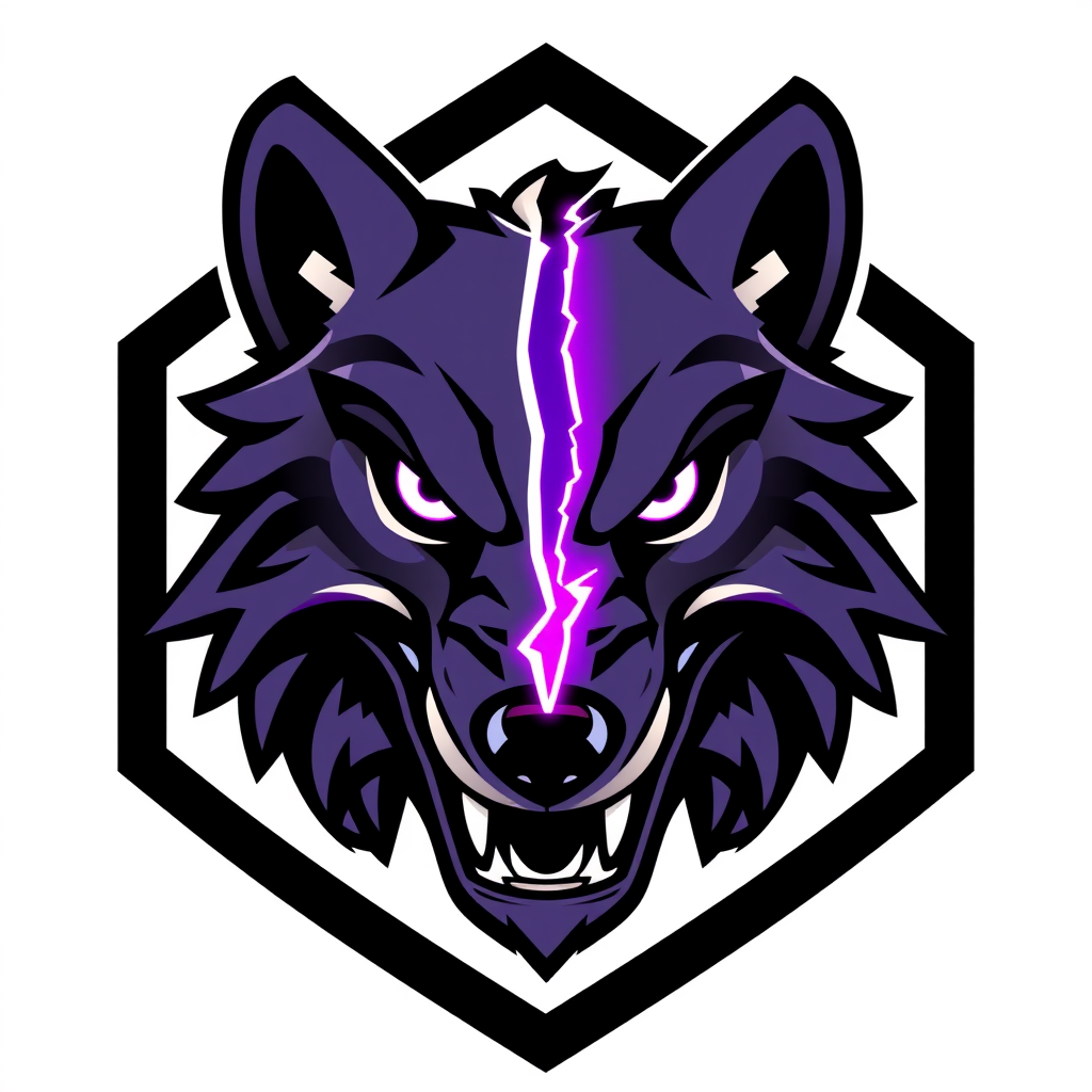 Main logo studio: Fierce esports mascot icon, front-facing symmetrical wolf head mid-roar, exposed sharp fangs, jagged angular fur spikes, intense glowing violet eyes. 