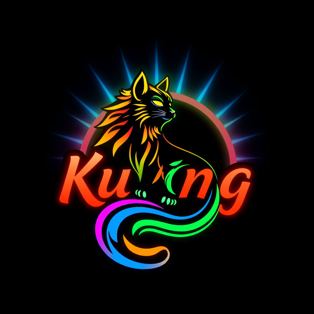 Main logo studio: Buat kan logo kucing versi pelangi yang sangat indah dan keren perpaduan warna putih dan mulus