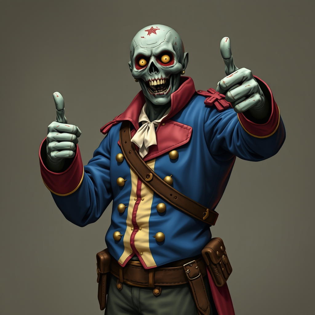 Main logo studio: the fallout guy as a zombie with napoleonic clothing in blue red white, he is headless and holds his head in his left arm, with his right he does the 