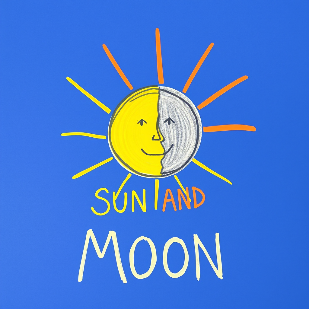 Main logo studio: make it like a kid has drawn it a sun and a moon with the words "SUN AND MOON"