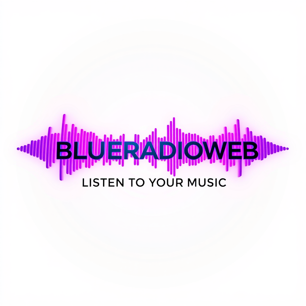 3D Logo idea: 3D logo for BLUERADIOWEB - LISTEN TO YOUR MUSIC, a music tech brand, 3D sound wave form, neon purple glow , three-dimensional render, realistic depth