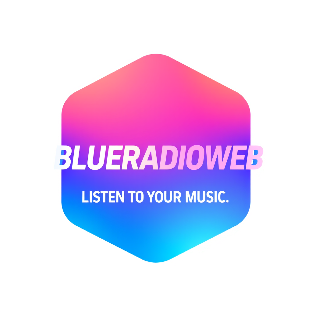 Gradient Logo idea: gradient logo for Générer un logo radio de forme hexagonale écrit en 3D en blanc BLUERADIOWEB avec le slogan LISTEN TO YOUR MUSIC , smooth color gradi