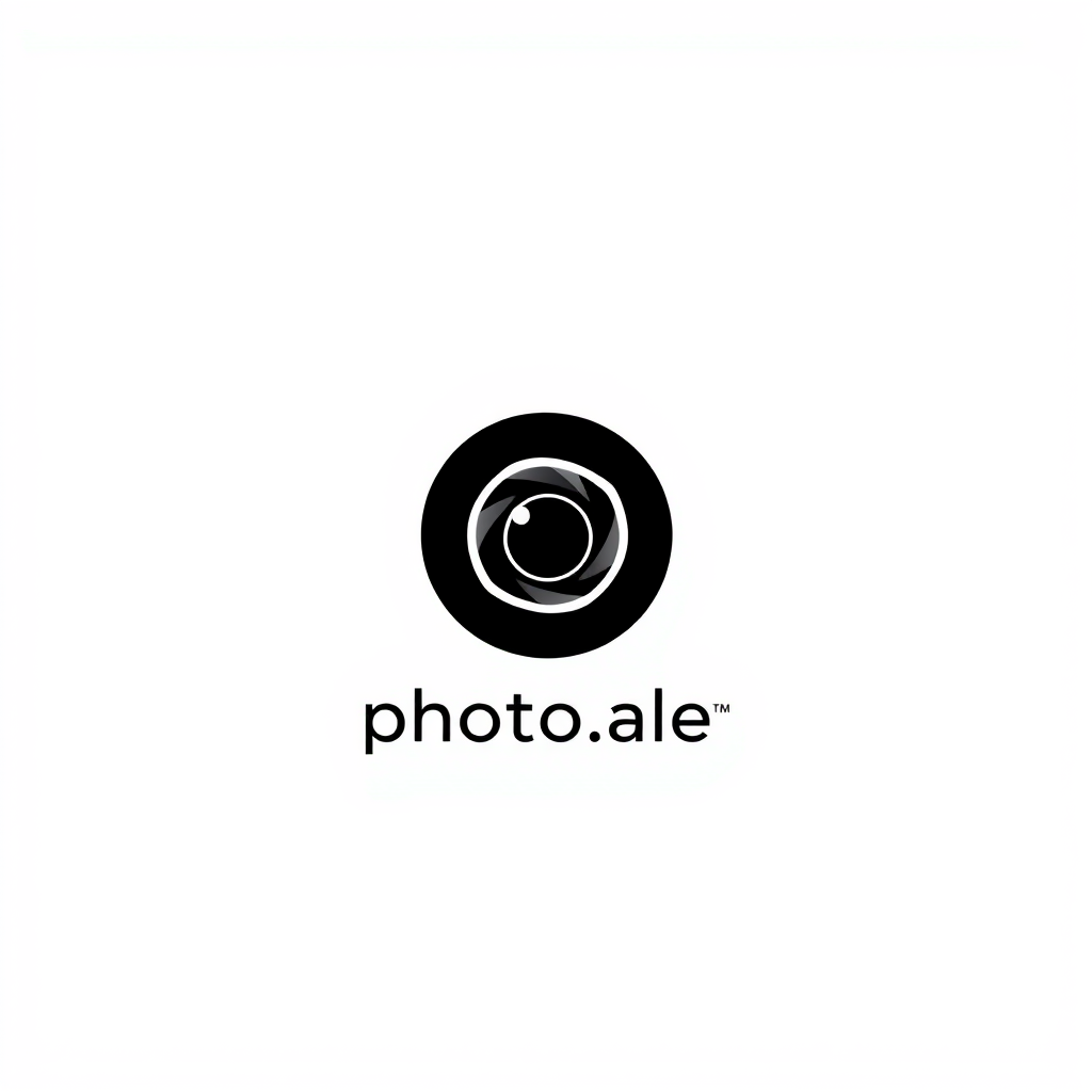 Minimalist Logo idea: minimalist logo, simple geometric mark for Minimalist logo for "photo_ale.jpg", featuring a simple circular camera lens icon with subtle aperture blad